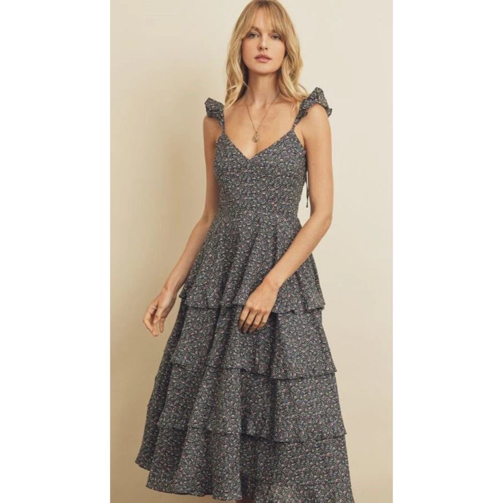 5071 Dress Forum Temecula Dress Navy Floral Sleeveless Tiered Ruffle Midi Small